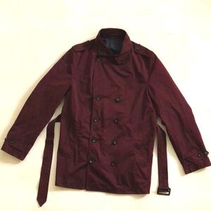 Zara Man L Jacket Trench Coat Burgundy Button Pockets Belt Excellent Condition